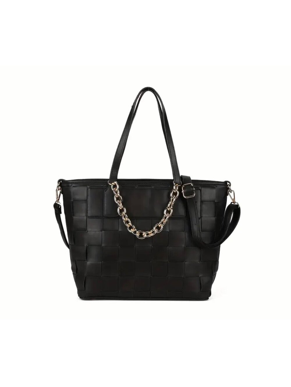 New - Chic - Large Capacity Woven Faux Leather Tote /Shoulder Bag - Black